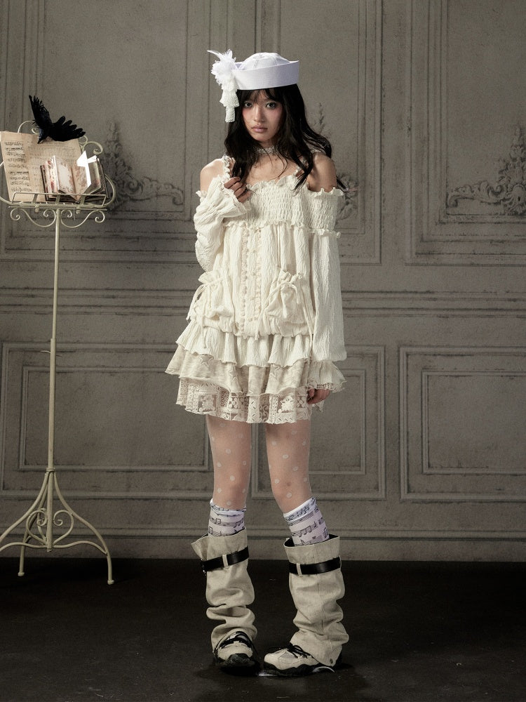 Light Lace Patchwork Off-Shoulder Beige Slip Dress【s0000018931】