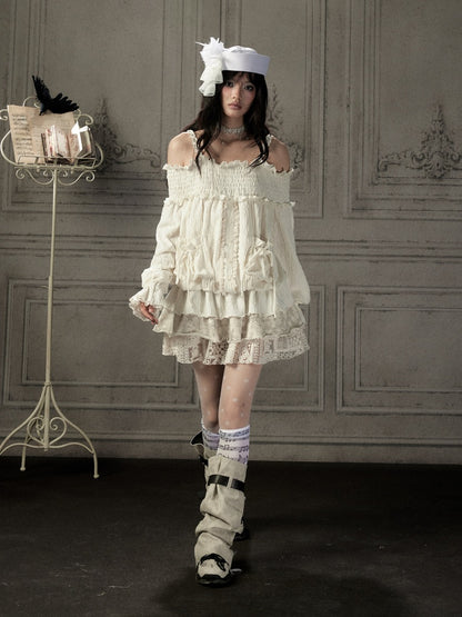 Light Lace Patchwork Off-Shoulder Beige Slip Dress【s0000018931】