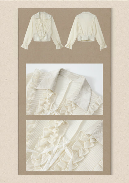 Ruffled Lapel Waist-Cinching Beige Long-Sleeve Shirt【s0000018932】