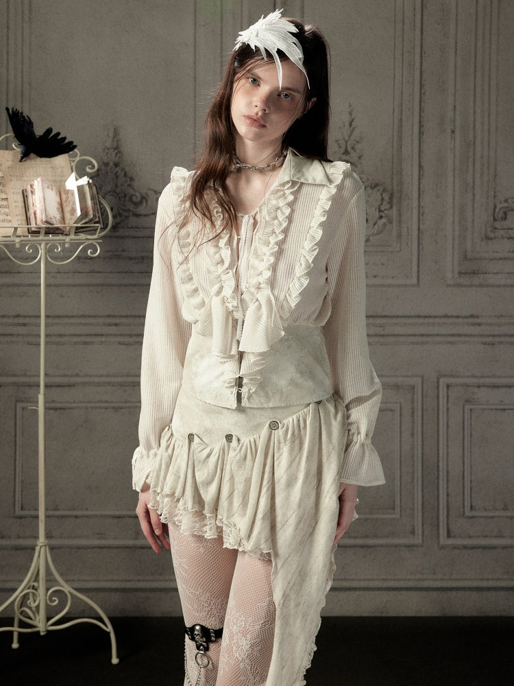 Ruffled Lapel Waist-Cinching Beige Long-Sleeve Shirt【s0000018932】