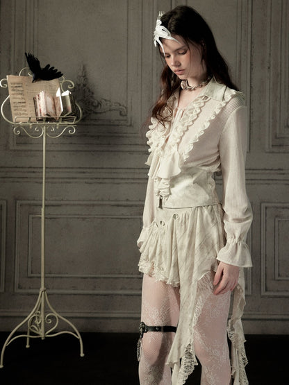 Ruffled Lapel Waist-Cinching Beige Long-Sleeve Shirt【s0000018932】