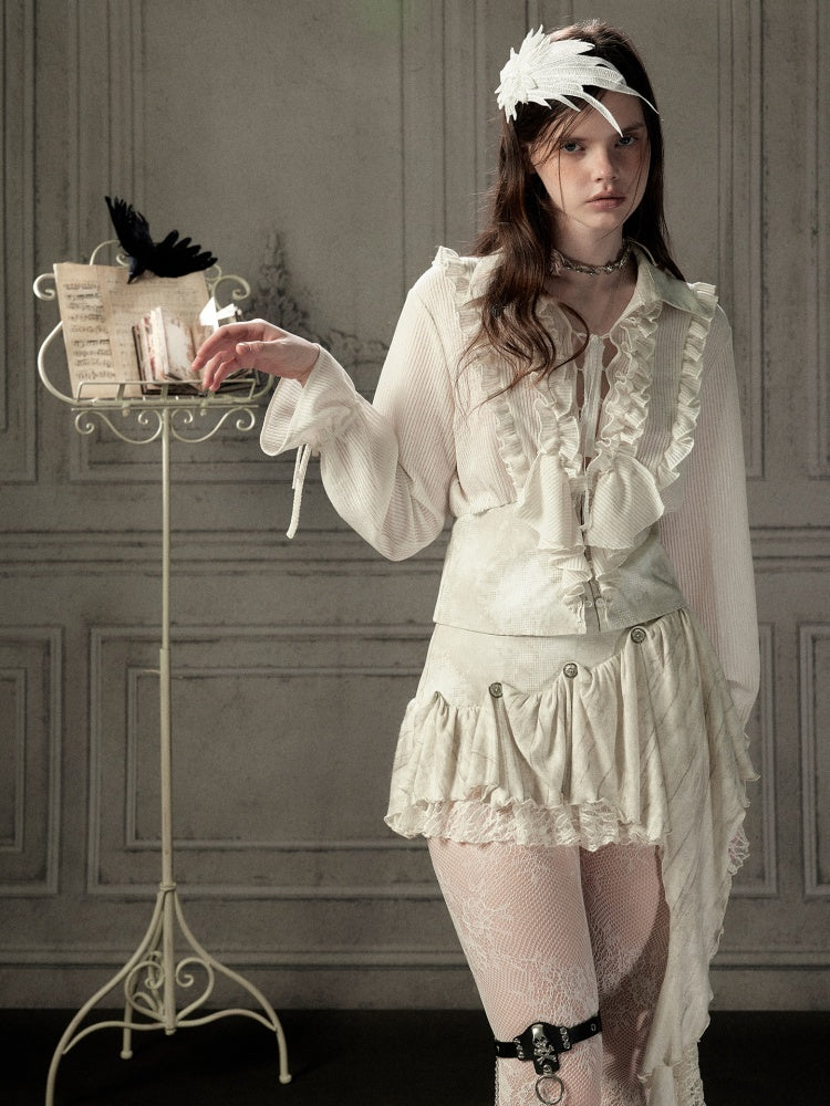 Ruffled Lapel Waist-Cinching Beige Long-Sleeve Shirt【s0000018932】