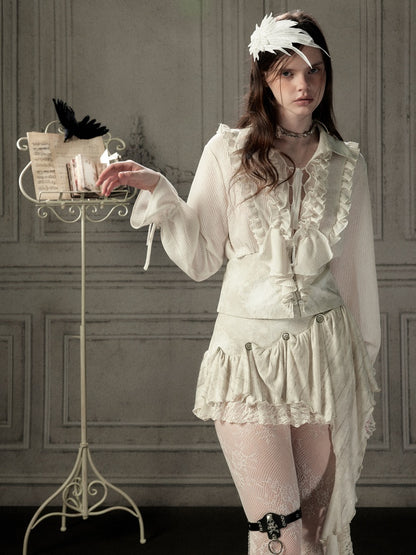 Ruffled Lapel Waist-Cinching Beige Long-Sleeve Shirt【s0000018932】