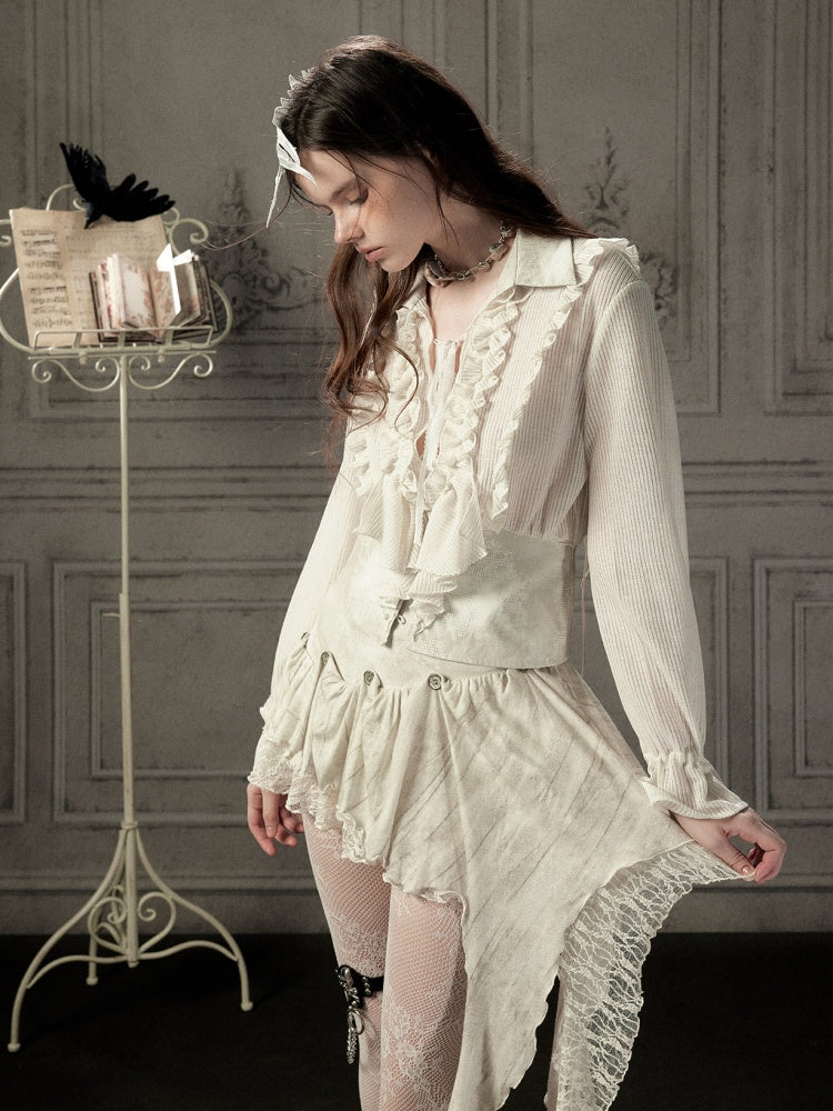 Ruffled Lapel Waist-Cinching Beige Long-Sleeve Shirt【s0000018932】