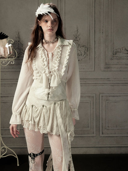 Ruffled Lapel Waist-Cinching Beige Long-Sleeve Shirt【s0000018932】