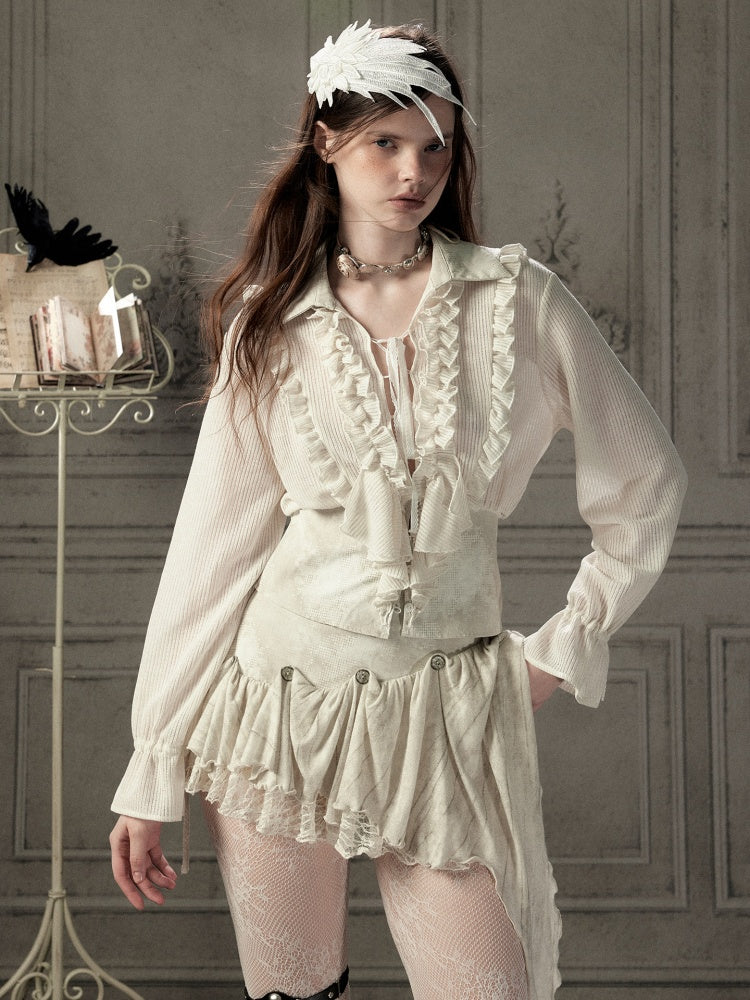 Ruffled Lapel Waist-Cinching Beige Long-Sleeve Shirt【s0000018932】