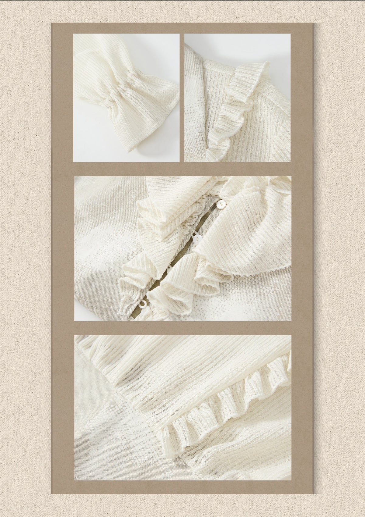 Ruffled Lapel Waist-Cinching Beige Long-Sleeve Shirt【s0000018932】