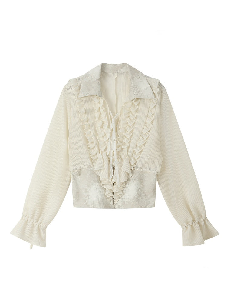 Ruffled Lapel Waist-Cinching Beige Long-Sleeve Shirt【s0000018932】