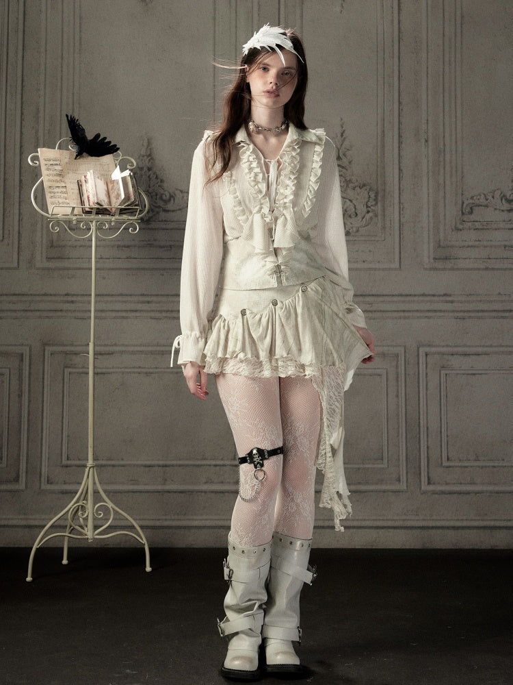 Ruffled Lapel Waist-Cinching Beige Long-Sleeve Shirt【s0000018932】
