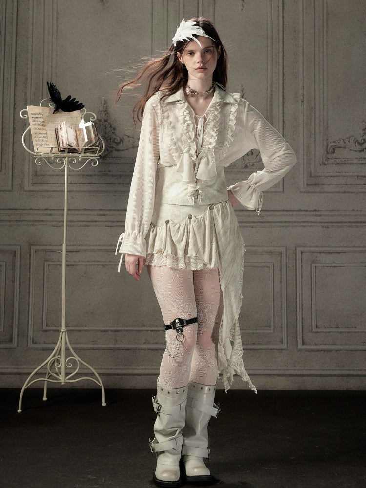 Ruffled Lapel Waist-Cinching Beige Long-Sleeve Shirt【s0000018932】