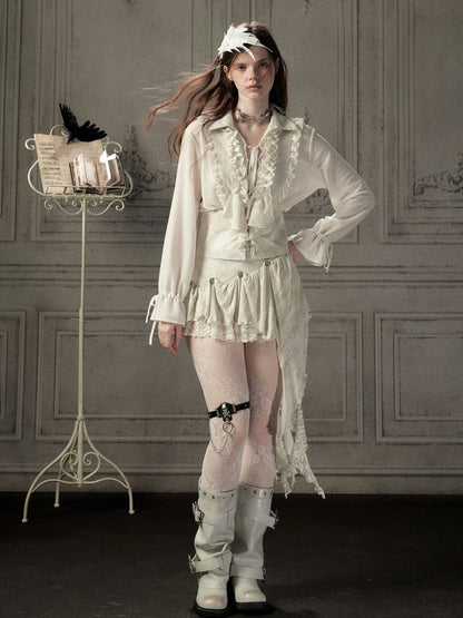 Ruffled Lapel Waist-Cinching Beige Long-Sleeve Shirt【s0000018932】