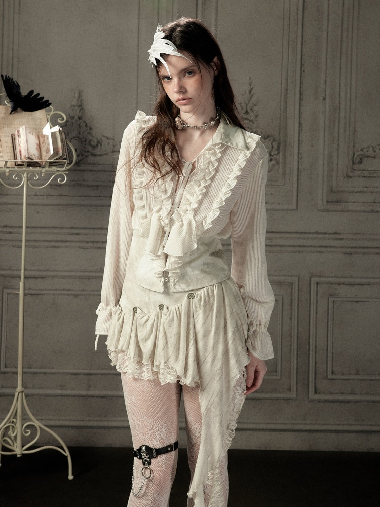 Ruffled Lapel Waist-Cinching Beige Long-Sleeve Shirt【s0000018932】