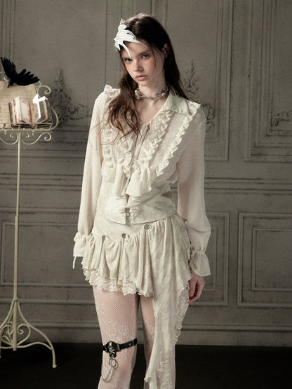 Ruffled Lapel Waist-Cinching Beige Long-Sleeve Shirt【s0000018932】