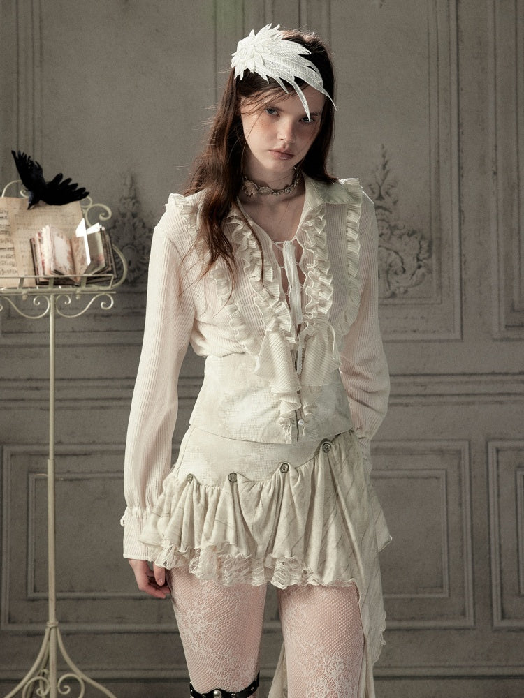 Ruffled Lapel Waist-Cinching Beige Long-Sleeve Shirt【s0000018932】