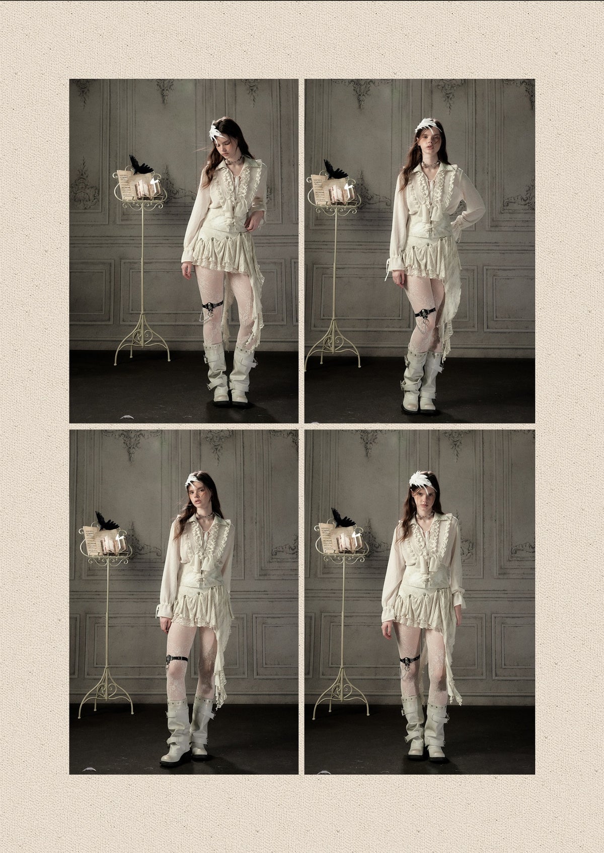 Ruffled Lapel Waist-Cinching Beige Long-Sleeve Shirt【s0000018932】