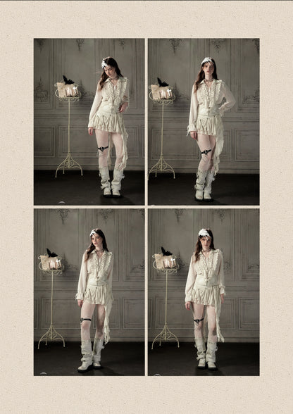 Ruffled Lapel Waist-Cinching Beige Long-Sleeve Shirt【s0000018932】
