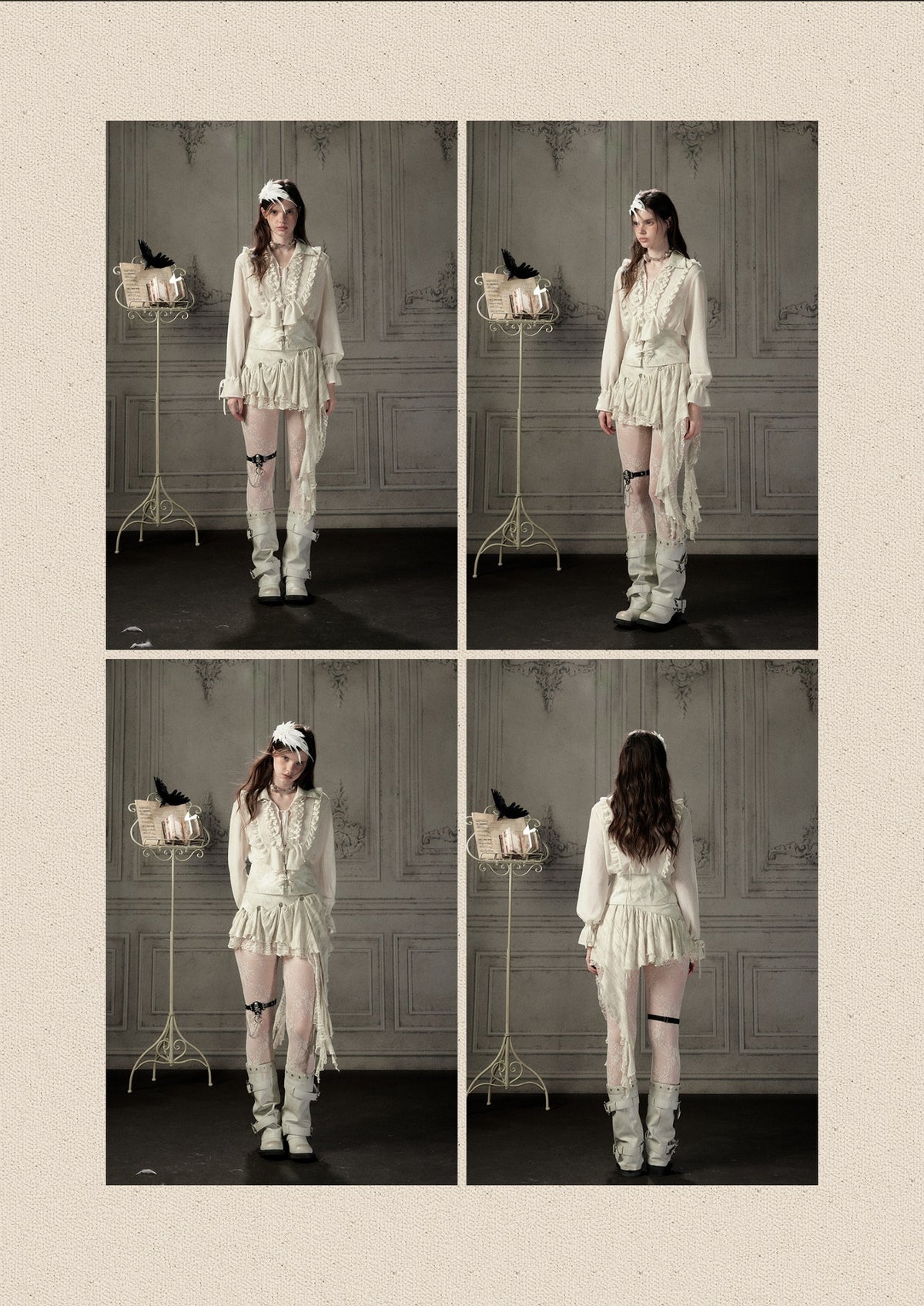 Ruffled Lapel Waist-Cinching Beige Long-Sleeve Shirt【s0000018932】