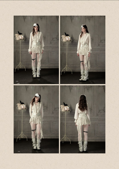 Ruffled Lapel Waist-Cinching Beige Long-Sleeve Shirt【s0000018932】