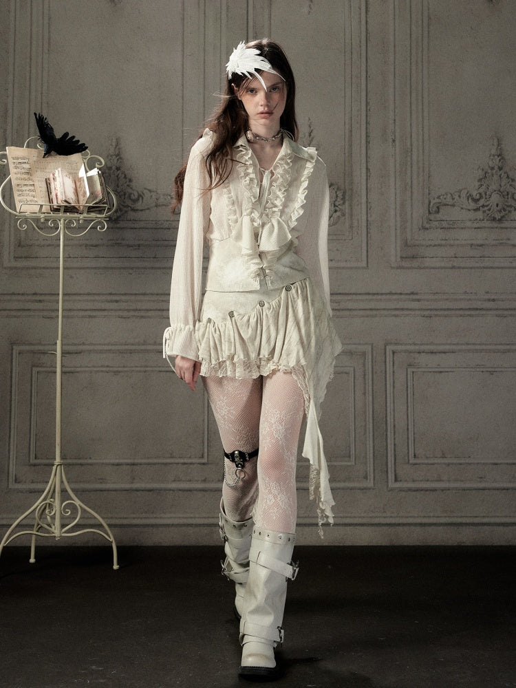 Ruffled Lapel Waist-Cinching Beige Long-Sleeve Shirt【s0000018932】
