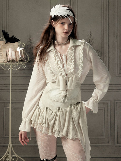 Ruffled Lapel Waist-Cinching Beige Long-Sleeve Shirt【s0000018932】