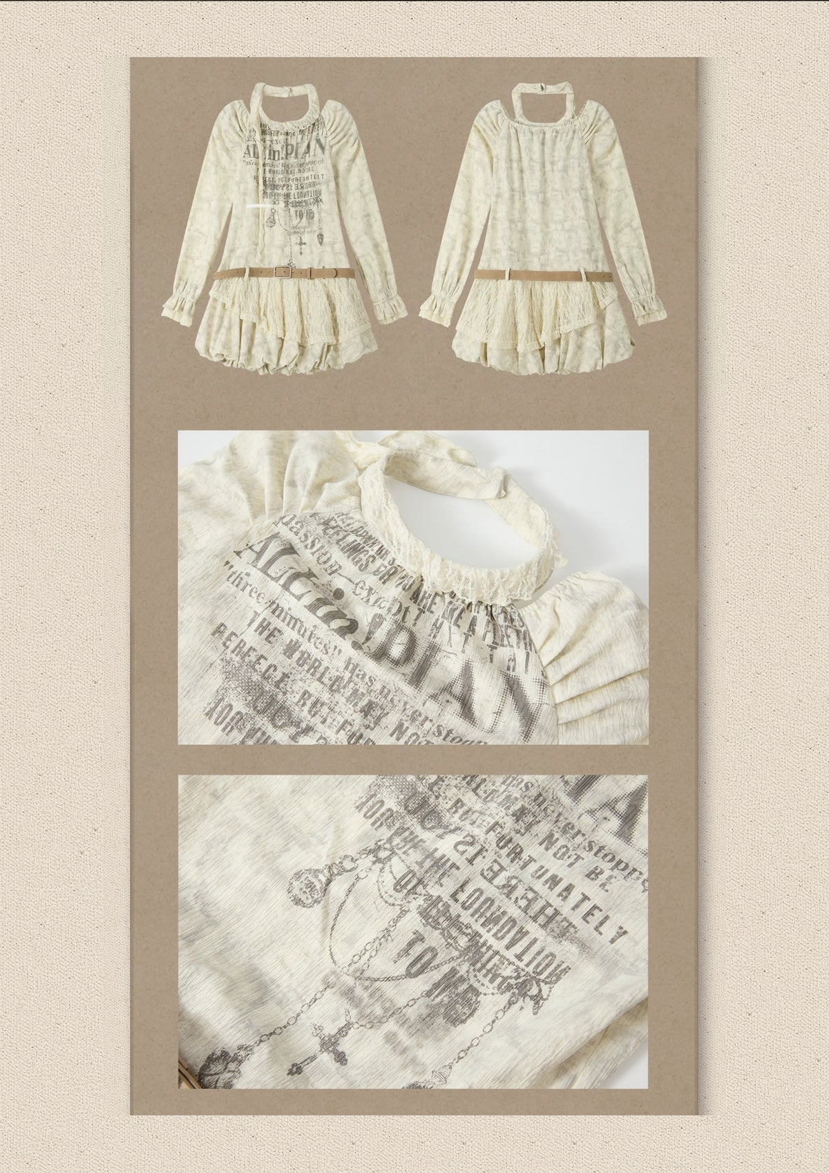 Light Yarn Lace Patchwork Long-Sleeve Beige Halter Short Dress【s0000018933】