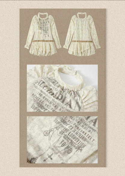 Light Yarn Lace Patchwork Long-Sleeve Beige Halter Short Dress【s0000018933】