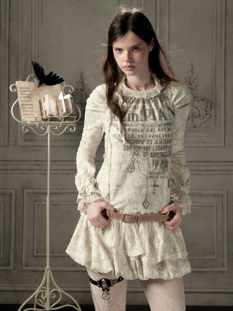 Light Yarn Lace Patchwork Long-Sleeve Beige Halter Short Dress【s0000018933】