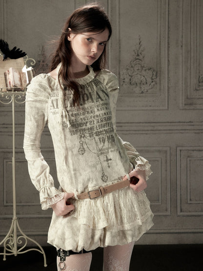 Light Yarn Lace Patchwork Long-Sleeve Beige Halter Short Dress【s0000018933】