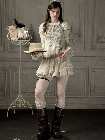 Light Yarn Lace Patchwork Long-Sleeve Beige Halter Short Dress【s0000018933】
