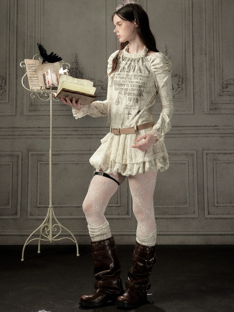 Light Yarn Lace Patchwork Long-Sleeve Beige Halter Short Dress【s0000018933】