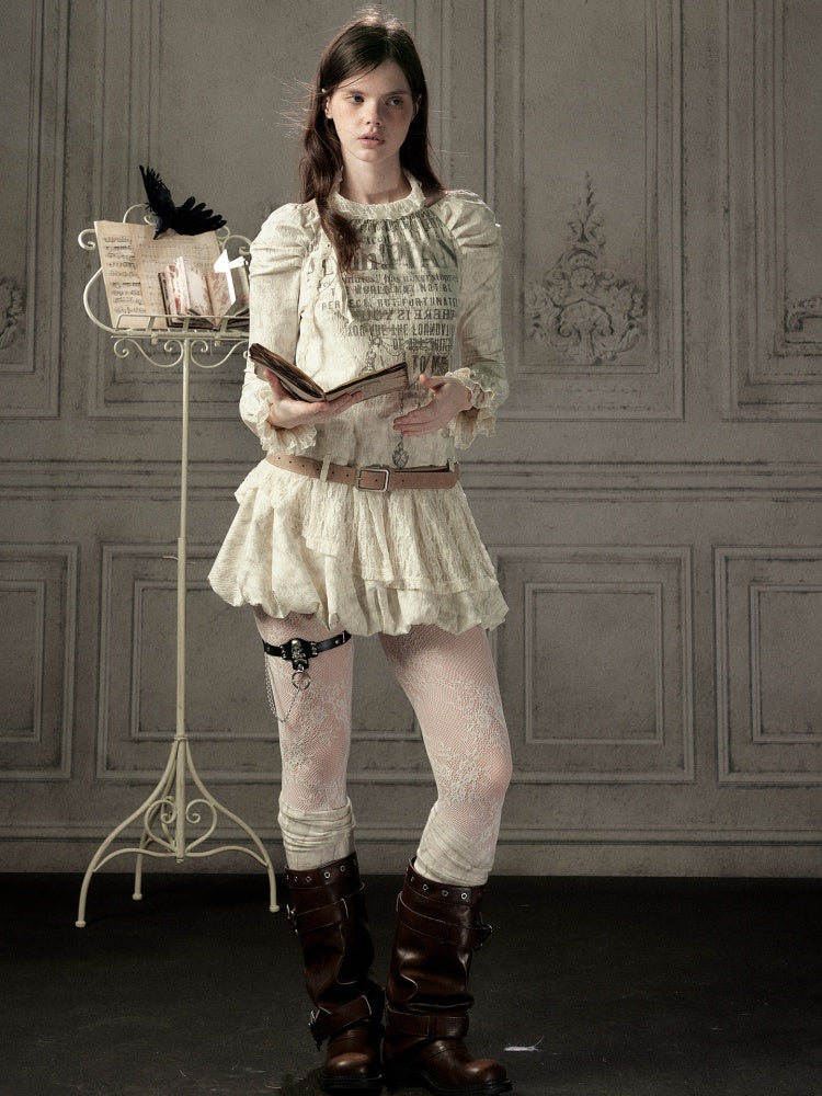 Light Yarn Lace Patchwork Long-Sleeve Beige Halter Short Dress【s0000018933】