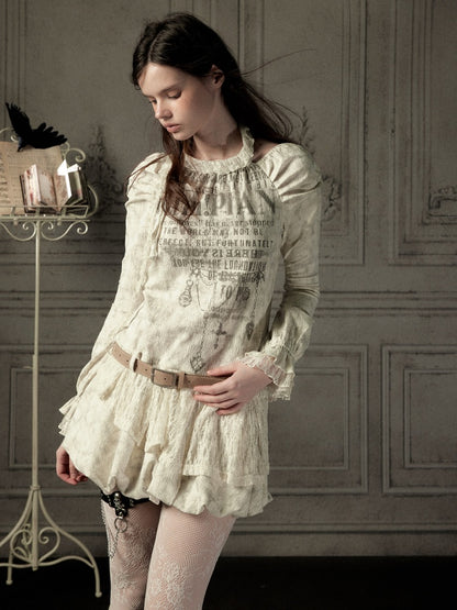 Light Yarn Lace Patchwork Long-Sleeve Beige Halter Short Dress【s0000018933】
