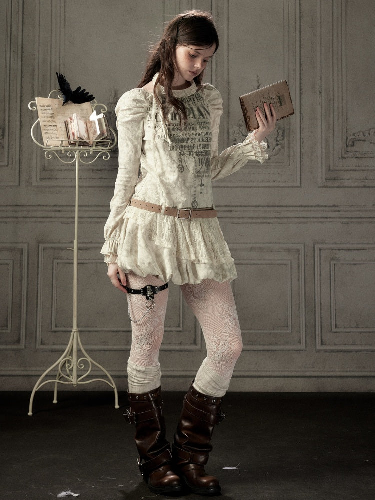 Light Yarn Lace Patchwork Long-Sleeve Beige Halter Short Dress【s0000018933】