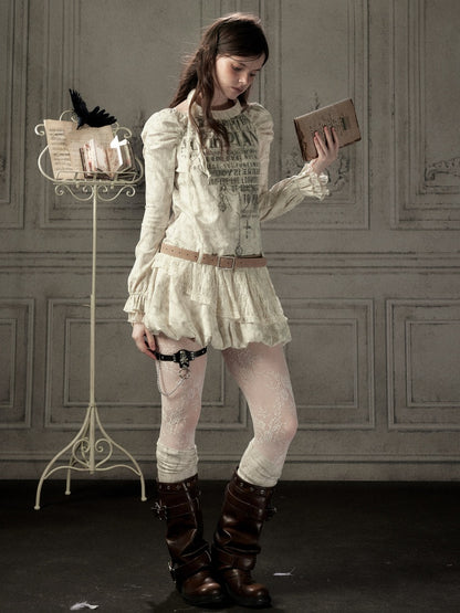 Light Yarn Lace Patchwork Long-Sleeve Beige Halter Short Dress【s0000018933】