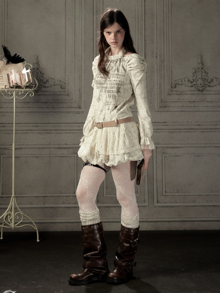 Light Yarn Lace Patchwork Long-Sleeve Beige Halter Short Dress【s0000018933】