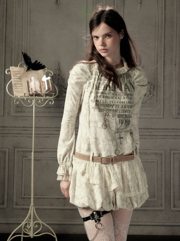 Light Yarn Lace Patchwork Long-Sleeve Beige Halter Short Dress【s0000018933】