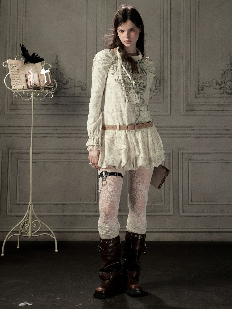 Light Yarn Lace Patchwork Long-Sleeve Beige Halter Short Dress【s0000018933】