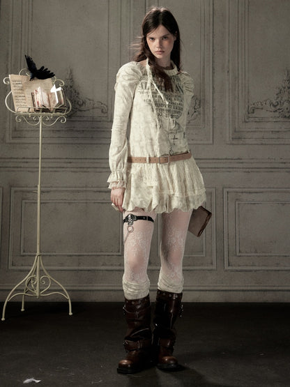 Light Yarn Lace Patchwork Long-Sleeve Beige Halter Short Dress【s0000018933】
