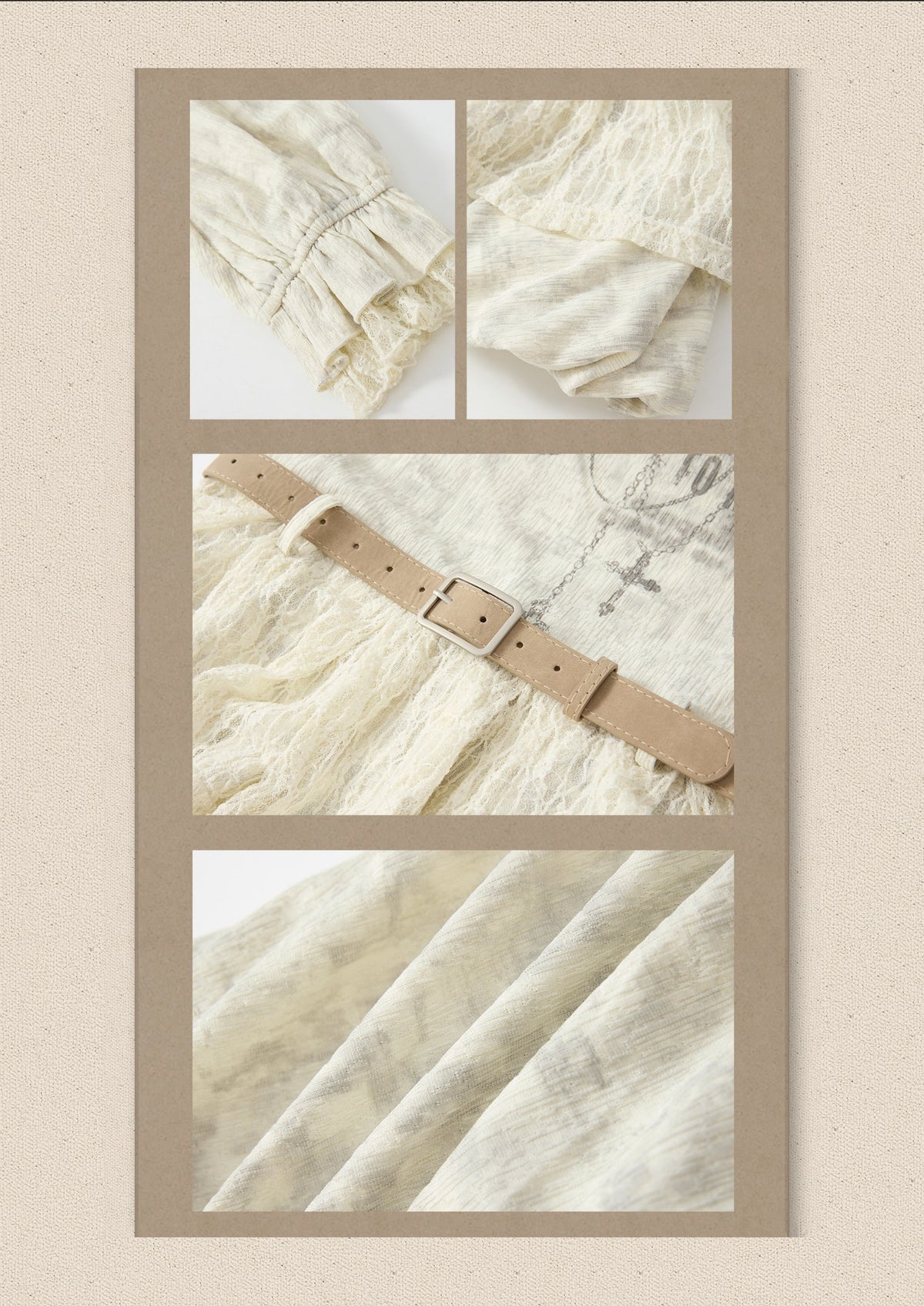 Light Yarn Lace Patchwork Long-Sleeve Beige Halter Short Dress【s0000018933】