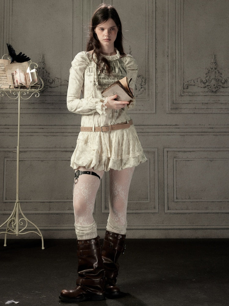 Light Yarn Lace Patchwork Long-Sleeve Beige Halter Short Dress【s0000018933】
