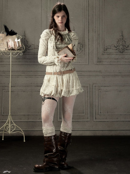 Light Yarn Lace Patchwork Long-Sleeve Beige Halter Short Dress【s0000018933】