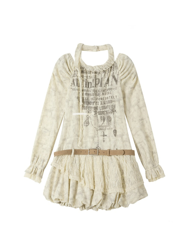 Light Yarn Lace Patchwork Long-Sleeve Beige Halter Short Dress【s0000018933】