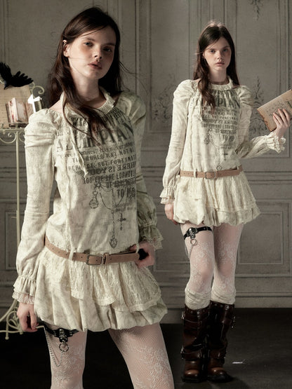 Light Yarn Lace Patchwork Long-Sleeve Beige Halter Short Dress【s0000018933】