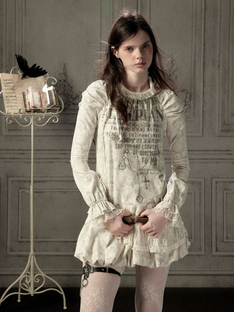 Light Yarn Lace Patchwork Long-Sleeve Beige Halter Short Dress【s0000018933】