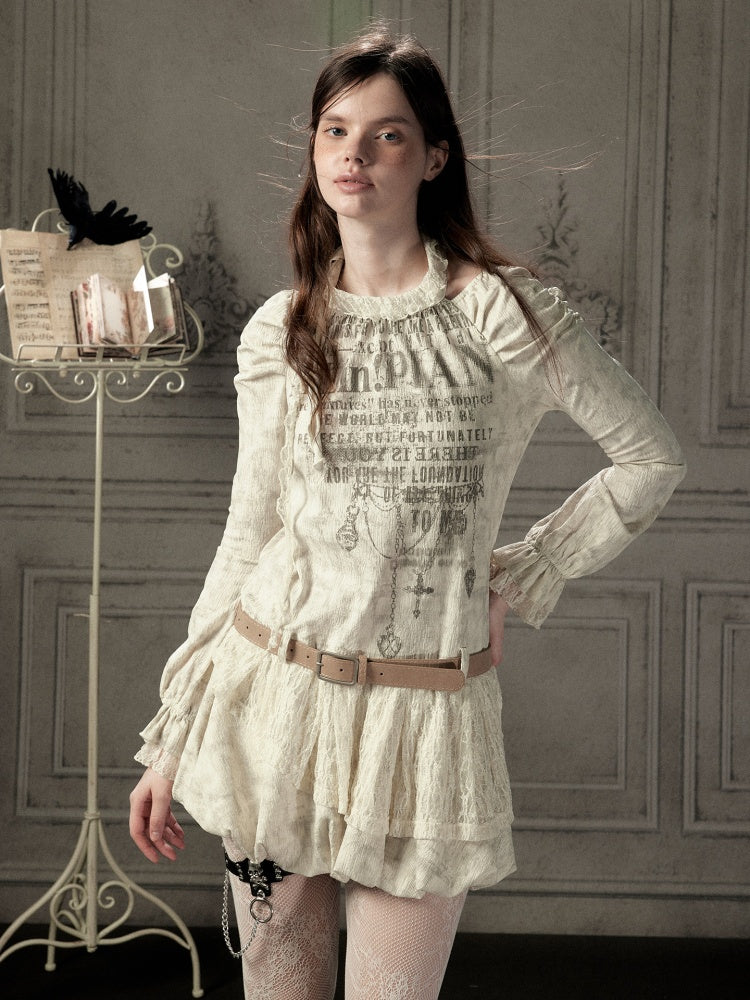 Light Yarn Lace Patchwork Long-Sleeve Beige Halter Short Dress【s0000018933】