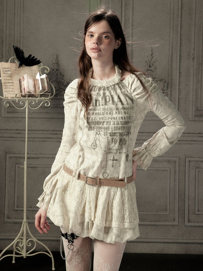 Light Yarn Lace Patchwork Long-Sleeve Beige Halter Short Dress【s0000018933】