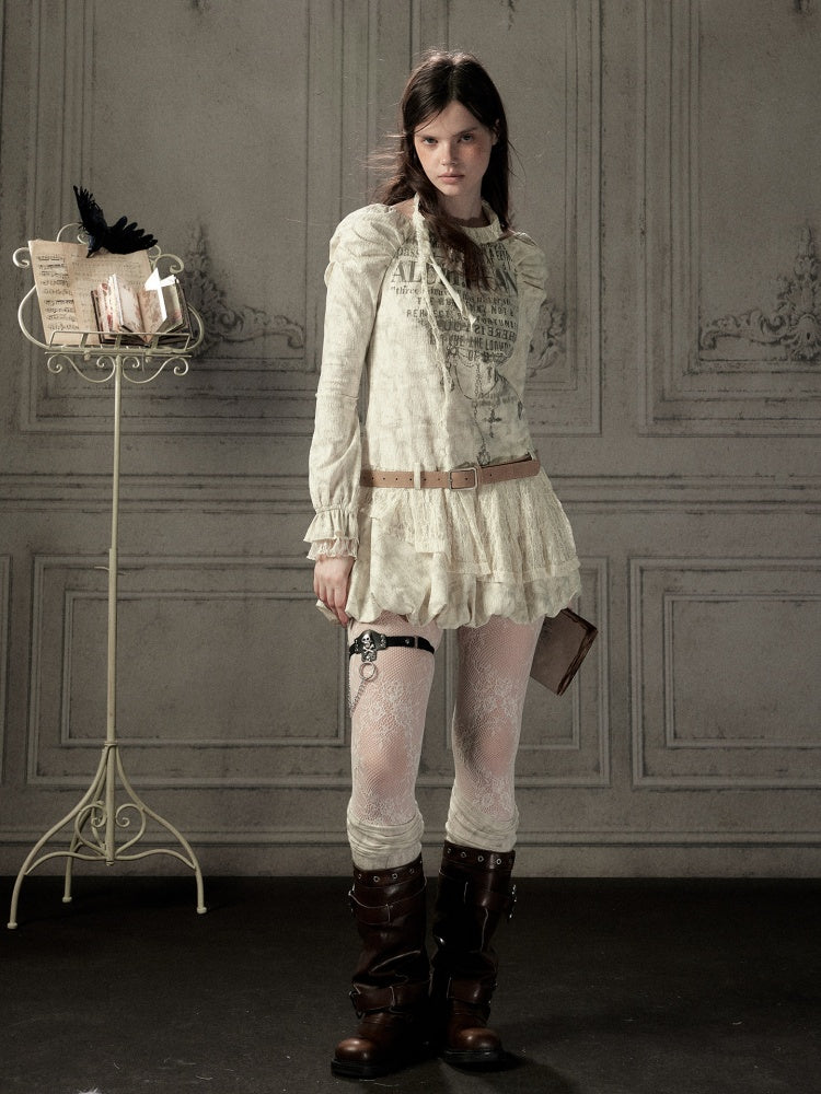 Light Yarn Lace Patchwork Long-Sleeve Beige Halter Short Dress【s0000018933】