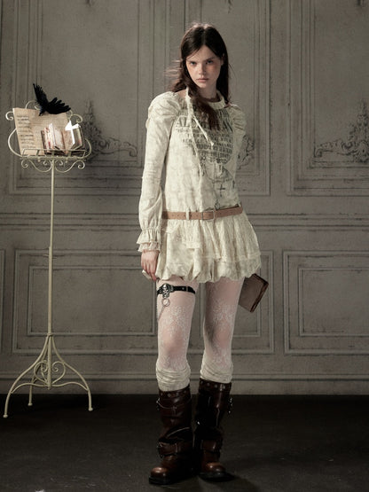 Light Yarn Lace Patchwork Long-Sleeve Beige Halter Short Dress【s0000018933】