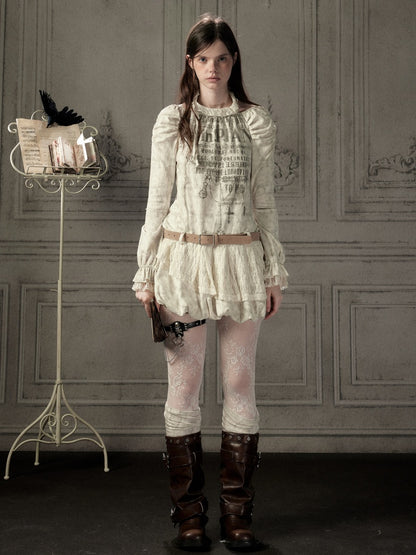 Light Yarn Lace Patchwork Long-Sleeve Beige Halter Short Dress【s0000018933】