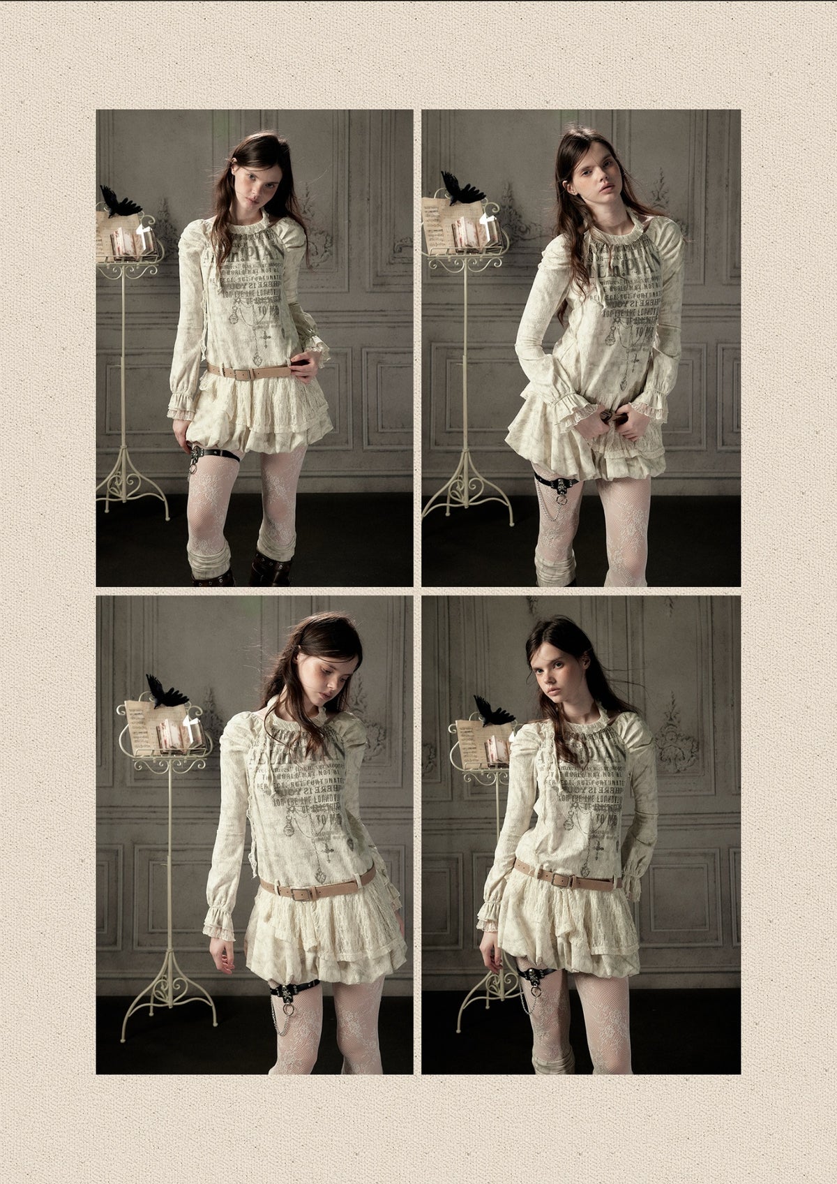 Light Yarn Lace Patchwork Long-Sleeve Beige Halter Short Dress【s0000018933】
